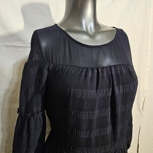 Banana Republic LS Sheer Yoke Midnight Blue Tiered Long Sleeve Dress Womens Sz 6